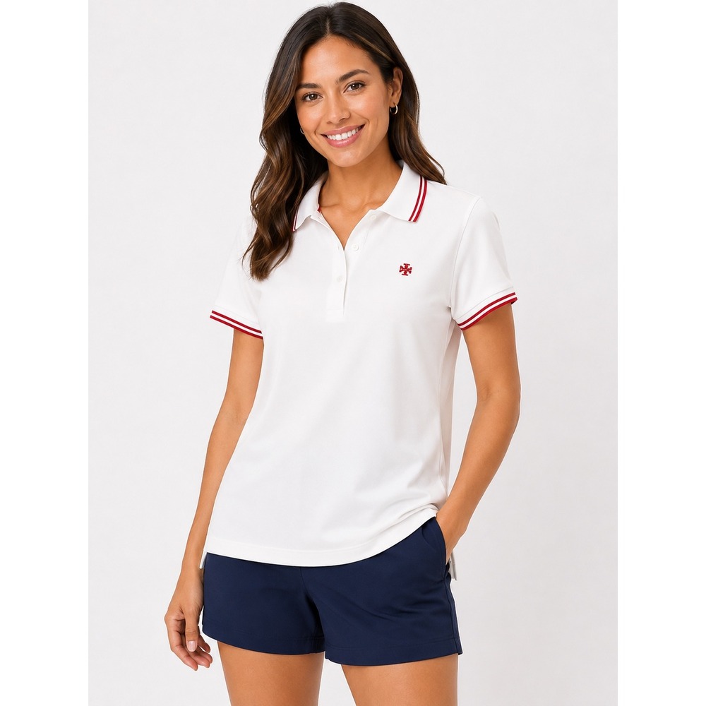 Tory Sport Womens White Red Tipped Pique Performance Polo Shirt Large